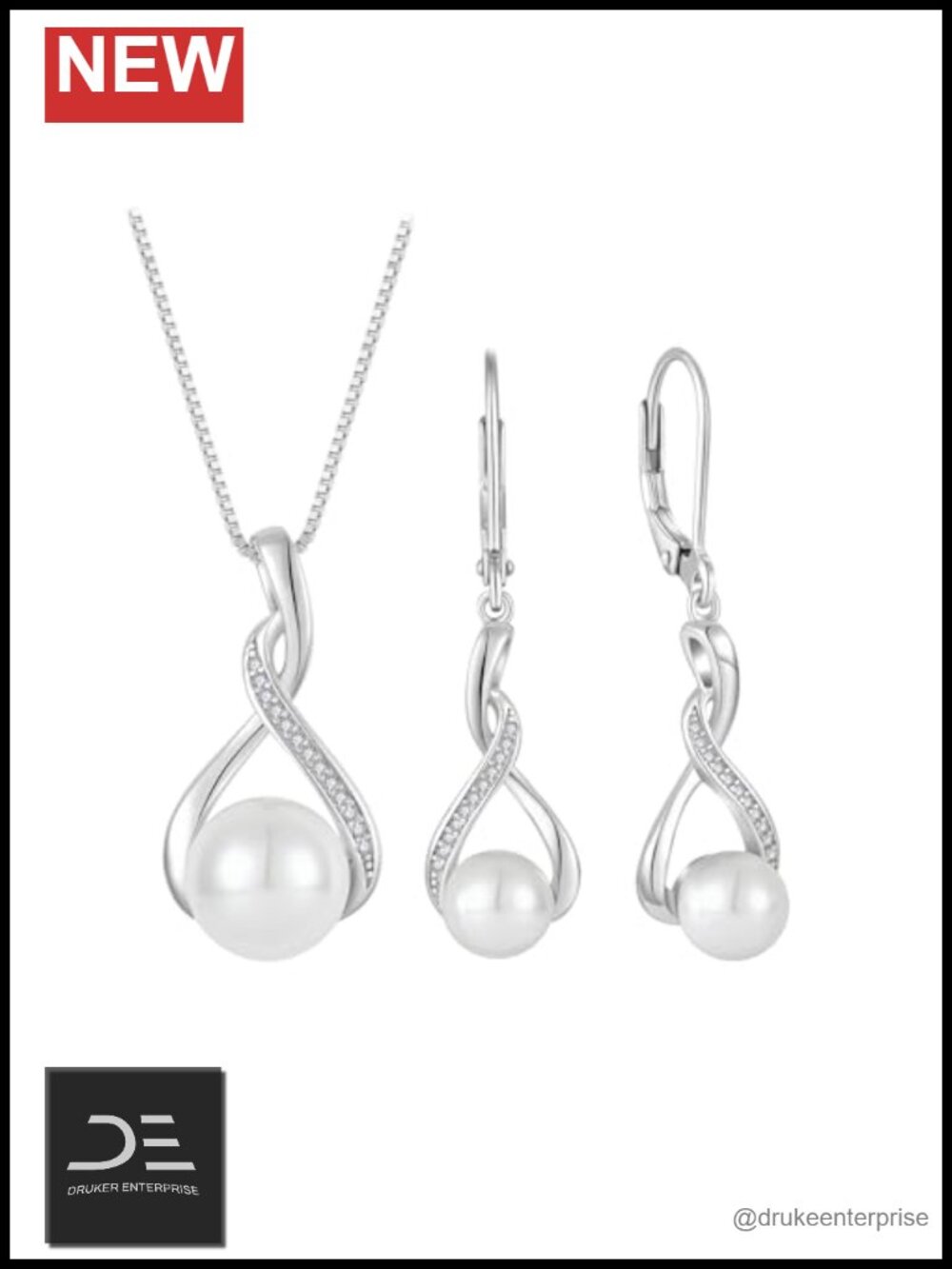 925 Sterling Silver Freshwater Pearl Infinity Necklace & Earrings Set Jewelry